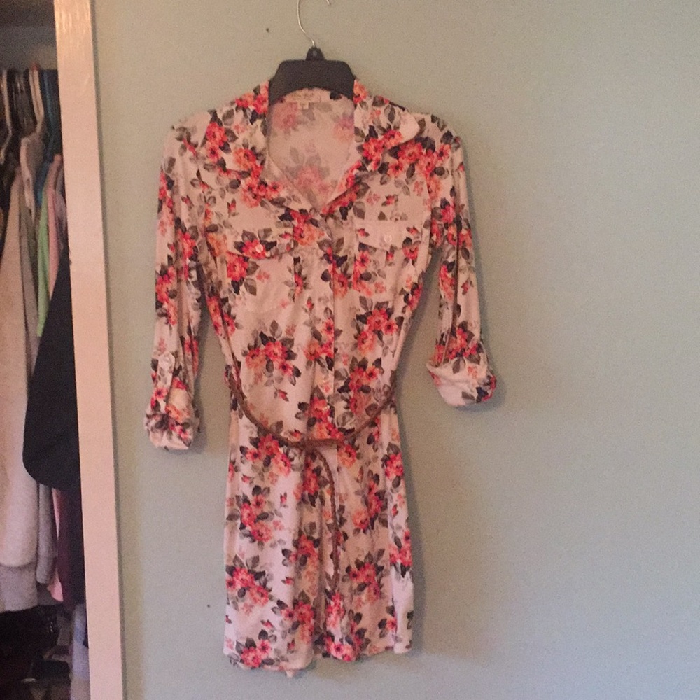 Coral and cream flowered dress with belt